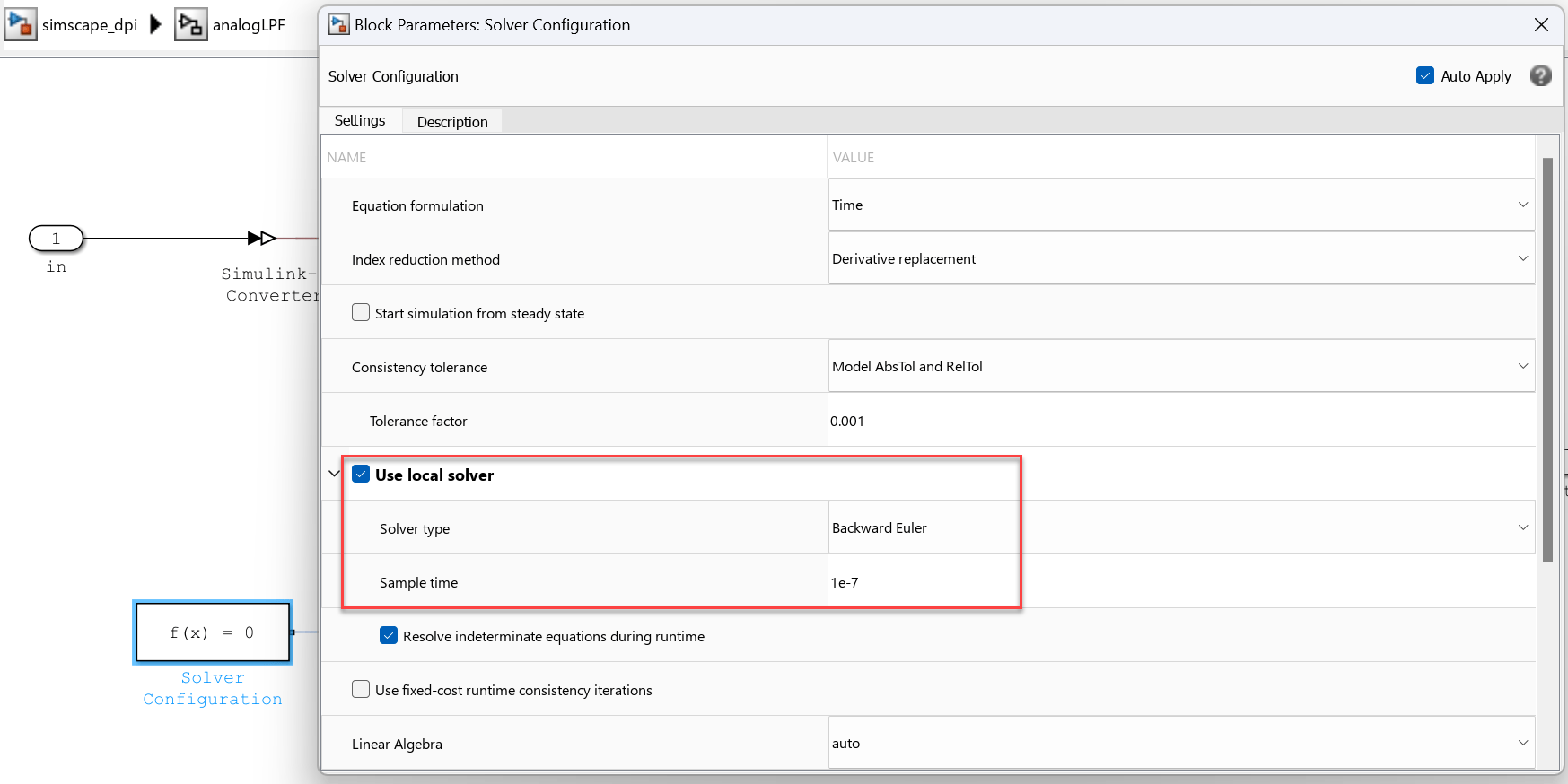 Block mas of Solver Configuration block