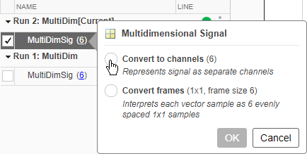 Conversion menu for a multidimensional signal in the Simulation Data Inspector