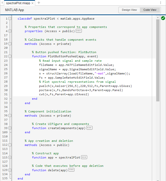 Code view of the app. The view shows the callback function added, which allows the app to plot the signal and wavelet transforms once the Plot button is pressed during the app run.