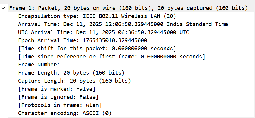 Wireshark frame summary view for a captured IEEE 802.11 WLAN packet. The display shows frame length, arrival time, encapsulation type, protocol stack, and capture metadata. The information confirms successful capture of a WLAN MAC-layer frame, and provides timing details used for correlation with event logs and traffic visualization.