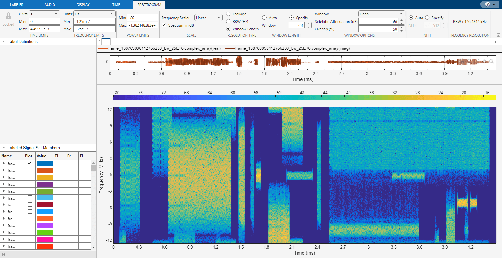 Signal labeler with advised spectrogram settings visible