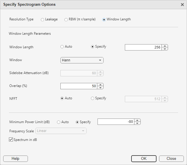 Signal Labeler Spectrogram Settings Dialog