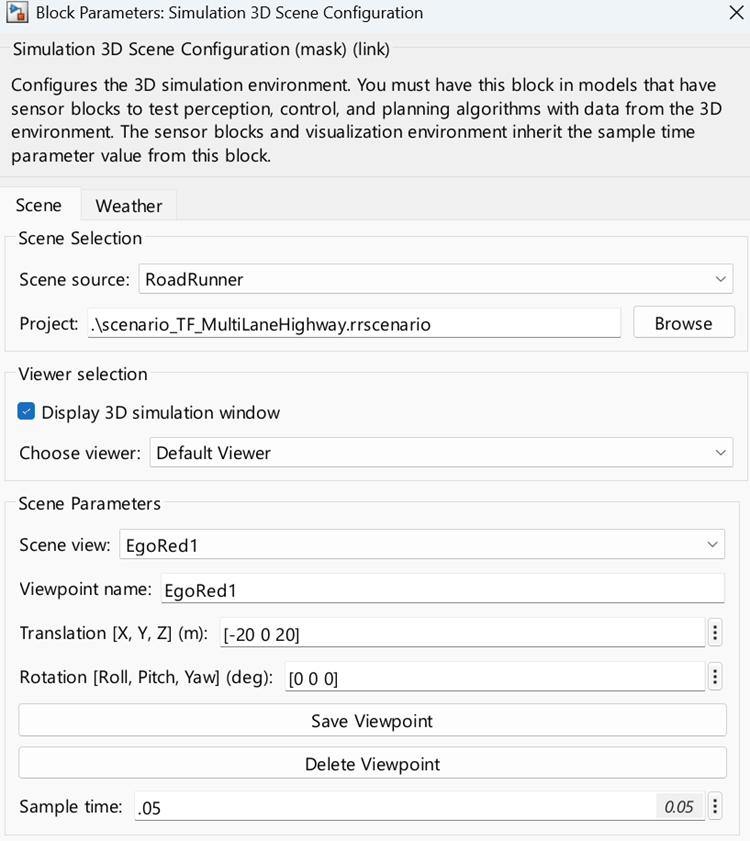 Simulation 3D Scene Configuration block parameter settings.