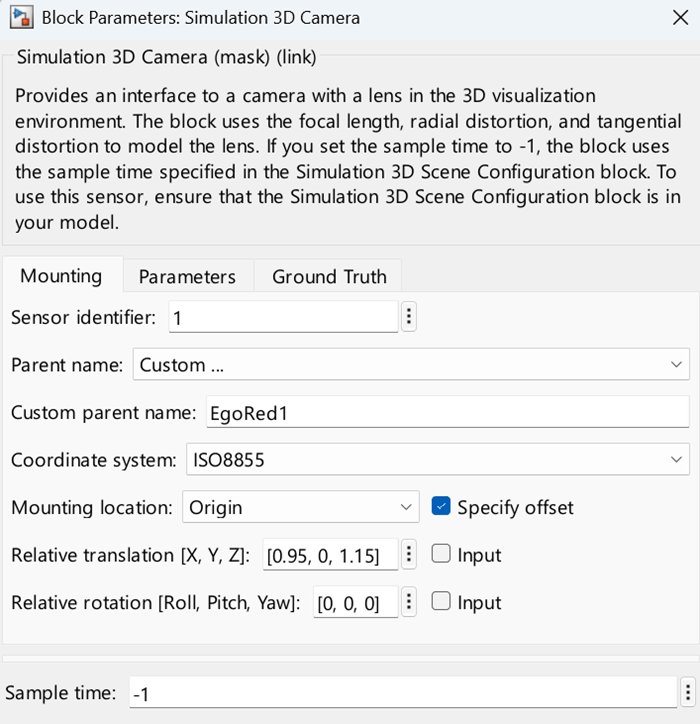 Simulation 3D Camera block parameter settings.