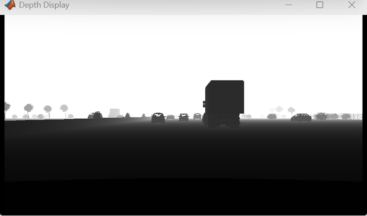 Depth map showing pixel-level distance of objects from the ego vehicle camera.