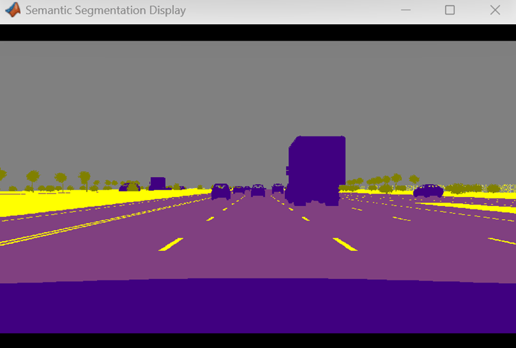 Semantic segmentation output with pixel-level classification of road, vehicles, vegetation, and sky.
