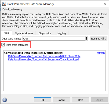 The Data Store Memory Block Parameters dialog box shows the Data store reference option selected.