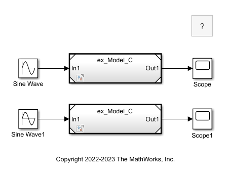 Simulink model with two Model blocks referencing a model called ex_Model_C. Each Model block is connected to a Sine Wave block and a Scope block.