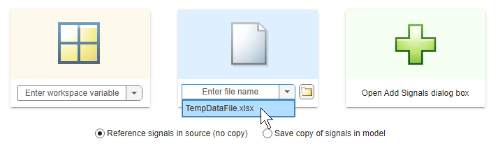 Options to add data from the workspace, a file, or using the Add Signals dialog box when the Playback block is empty.