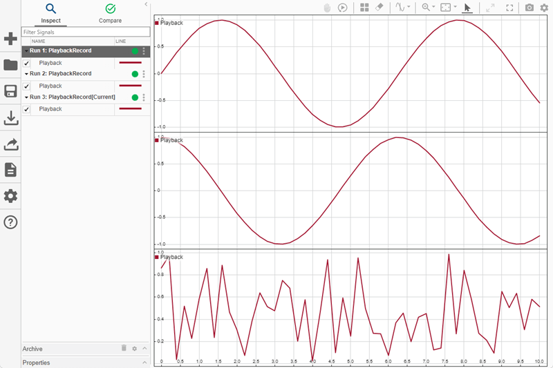 A sparkline plot of the three simulations in the Simulation Data Inspector