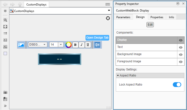 Display block in design mode with the Design tab of the Property Inspector open