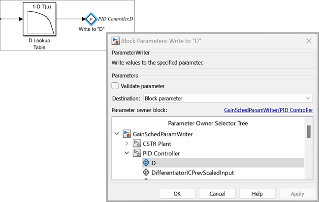 Choose the D coefficient of PID block from Parameter Owner Selector Tree for the Parameter Writer block to write to D coefficient.