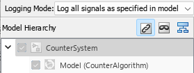 Logging Mode setting and Model Hierarchy pane of the Simulink Signal Logging Selector