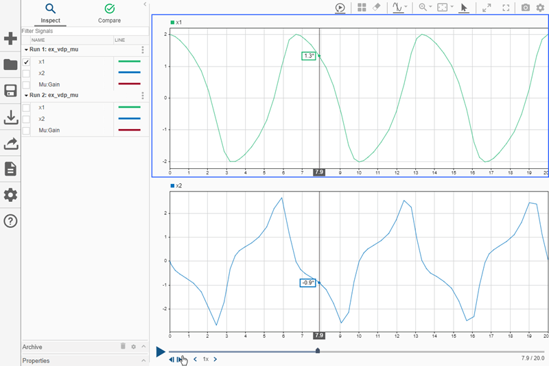 The replay of the simulation is paused. Using the Step forward button, you can view the signal values.