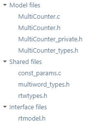 The generated model files are MultiCounter.c, MultiCounter.h, MultiCounter_private.h, and MultiCounter_types.h. The generated shared files are const_params.c, multiword_types.h, and rtwtypes.h. The generated interface files are rtmodel.h.