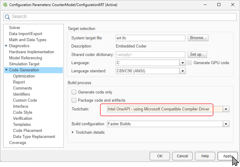 Configuration Parameters dialog box. The parameter Toolchain vendor is specified as Intel OneAPI - using Microsoft Compatible Driver.