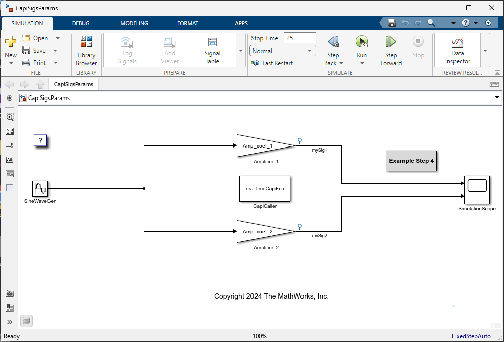 CapiSigsParams model. The output signals of the Gain blocks are labeled on the model canvas as test points.