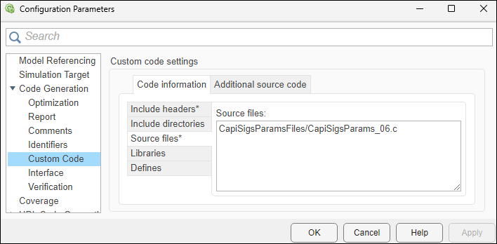 Configuration Parameters dialog box. The Code Generation > Custom Code pane is open. In the Code information tab of the Custom code settings section, the source file path is specified in the Source files box as CapiGetStartedFiles/CapiSigsParams_06.c