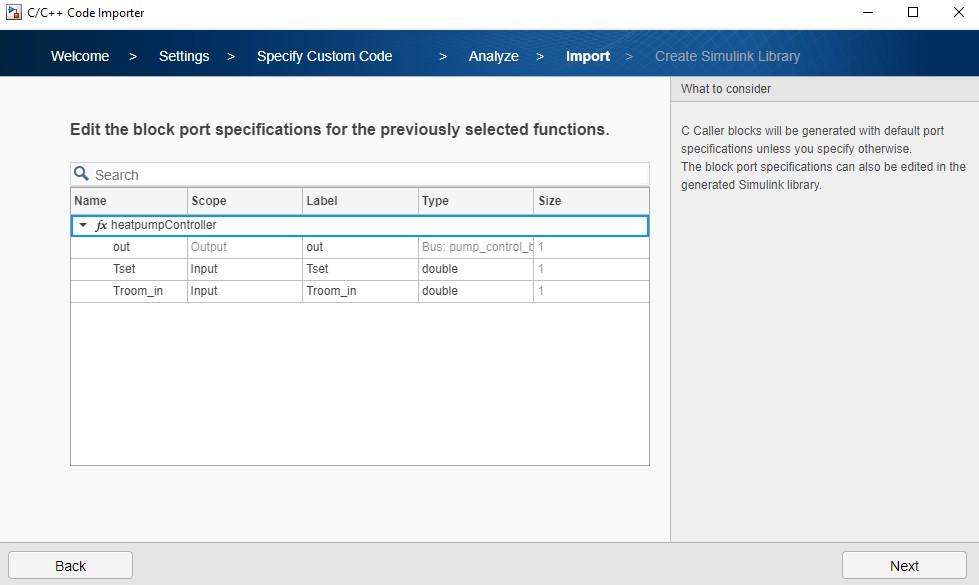 Custom code importer wizard tab to edit block port specifications for selected functions