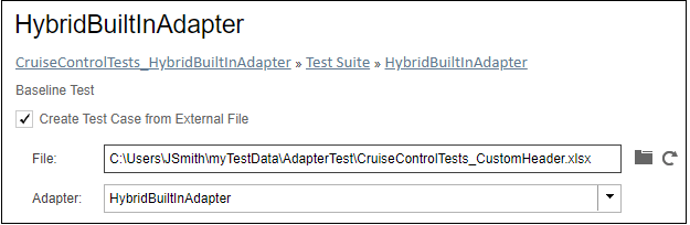 Test Manager section showing checkbox to create test case from external file and filled in file and adapter fields.