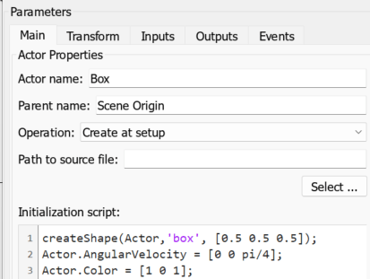 The block parameter dialog box of the Simulation 3D Actor block named box shows parameters and initialization script