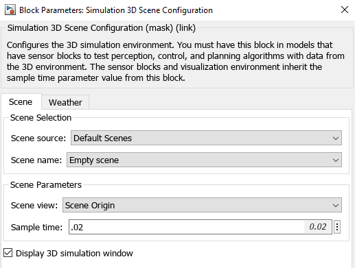 Block parameter dialog box of Simulation 3D Scene Configuration block.