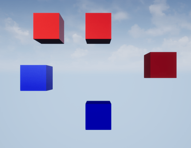 Five box actors are in the 3D environment. Two box actors are vertically aligned on the leftmost side. Two box actors are vertically aligned in the center of the screen. One box actor is on the rightmost side of the screen.