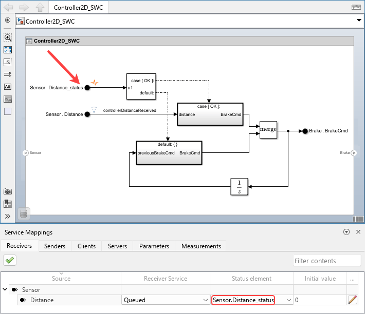 The new status port is connected to the input port of the Switch Case block. In the Service Mappings editor spreadsheet, The Status Element of the Distance entry is Sensor.Distance_status.
