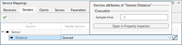 Additional Properties dialog box is open for Sensor.Distance. The Sample time is -1.
