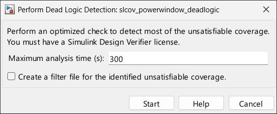 Perform Dead Logic Detection dialog box with a maximum analysis time of 300 seconds and the option to create a filter file not selected