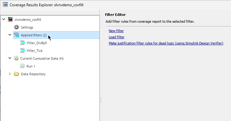 After clicking Applied filters, the right pane displays the Filter Editor, which contains links to create a new filter file, load a filter file, or use Simulink Design Verifier to create filter rules for dead logic