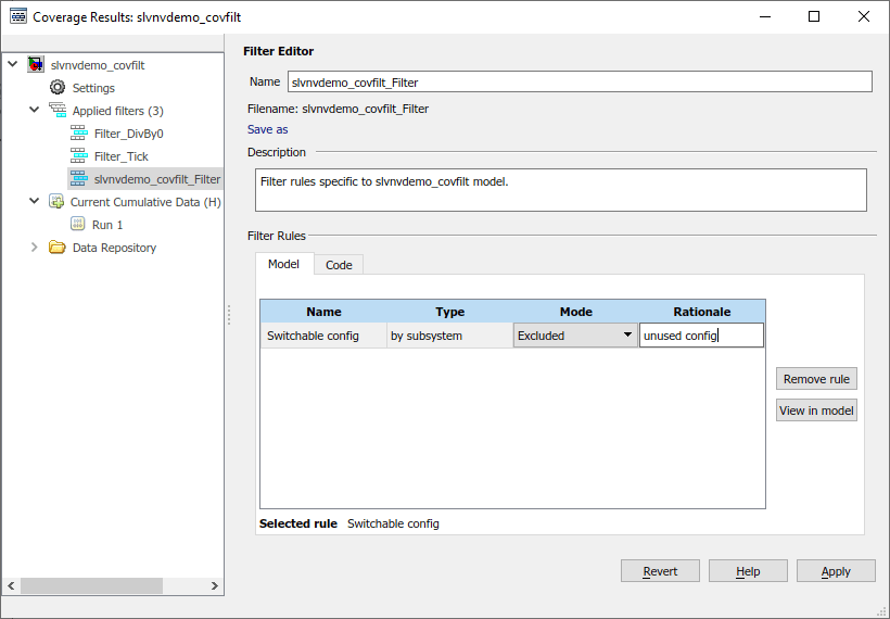 Filter Editor pane with a third filter file applied, slvnvdemo_covfilt_Filter. This filter file contains one rule that excludes the switchable config subsystem.