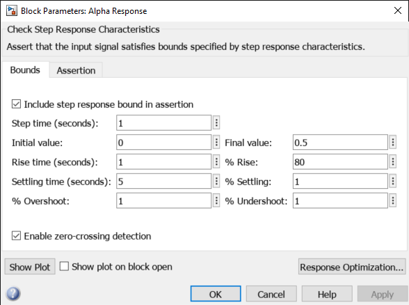 Block Parameters: Alpha Response dialog box showing the fields filled according to the design requirements