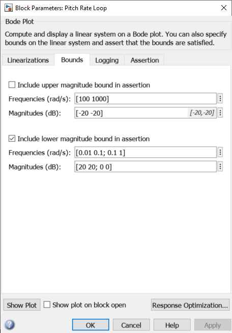 Block Parameters: Pitch Rate Loop dialog box with the Bounds tab open and the fields filled according to the requirements