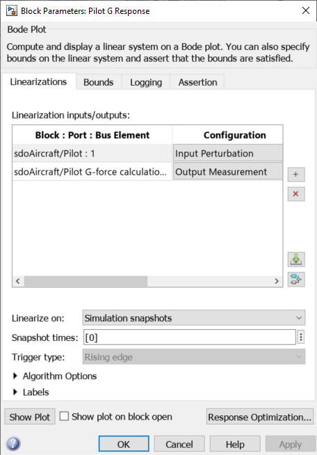 Block Parameters: Pilot G Response dialog box with the Linearizations tab open