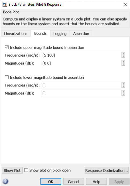 Block Parameters: Pilot G Response dialog box with the Bounds tab open and the fields filled according to the requirements