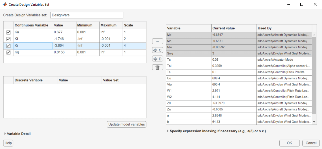 Create Design Variables Set dialog box with all variables shown in the table on the right and the selected Continuous variables Ki, Kf, Kq, and Ka shown in the table on the top left