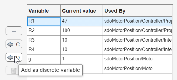 A portion of the Create Design Variables Set dialog box. The table is populated with the candidate variables R1, R2, R3, R4, g, and tau. R1 is selected and then D is clicked.