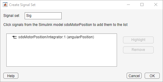 Create Signal Set dialog box with the angularPosition signal added