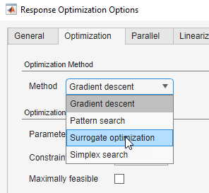 Surrogate optimization is selected in the drop-down list for Method in the Optimization tab of the Response Optimization Options dialog box