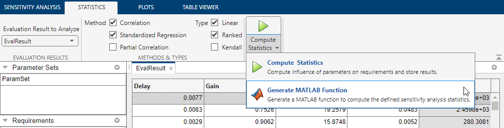 Generate MATLAB function is selected in the dropdown list for Compute Statistics on the Statistics tab in the app