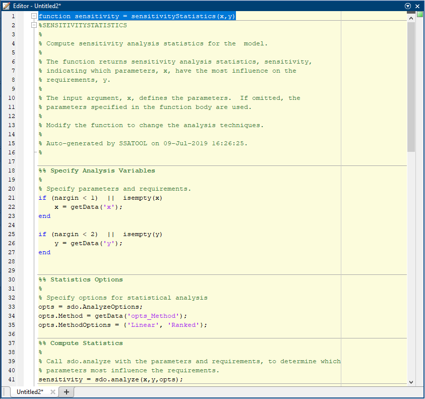 The generated MATLAB function is shown in the editor