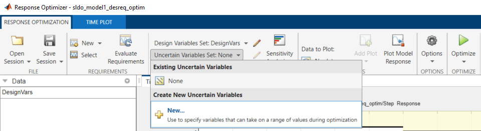 New is selected in the dropdown list for Uncertain Variables Set on the Response Optimization toolstrip