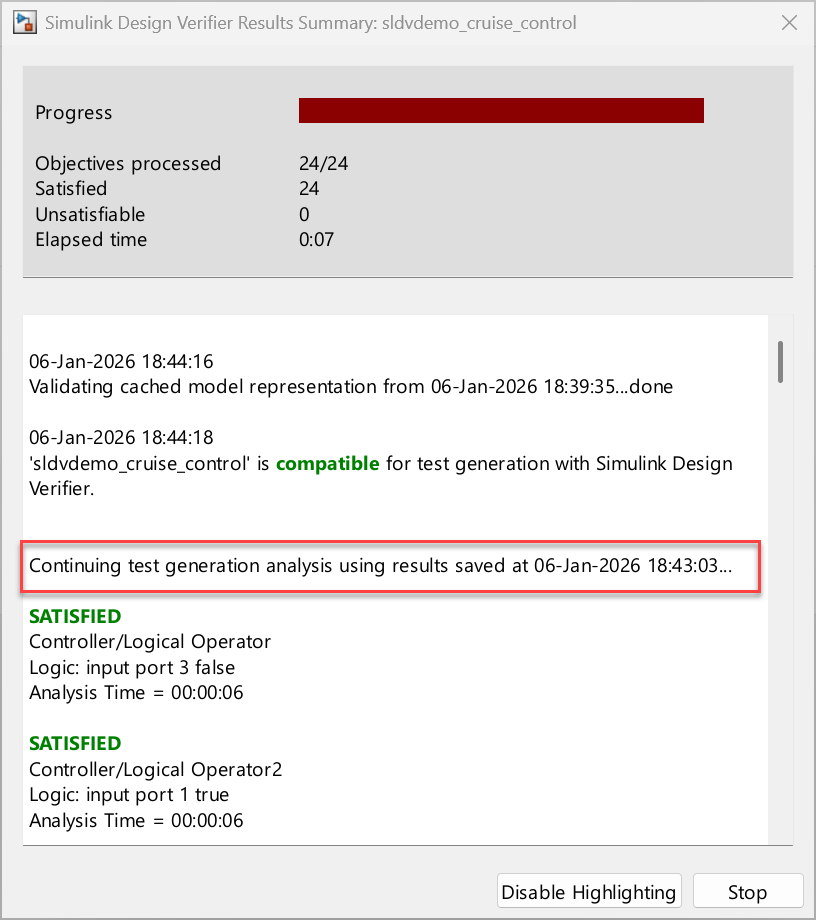 Results Summary window. A message shows that analysis continues from where it had stopped previously.
