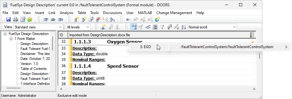The Oxygen Sensor requirement in DOORS has the mouse on the link to item EGO