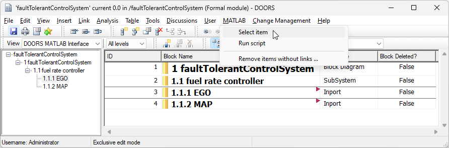 The surrogate module in DOORS has the mouse over the select item option