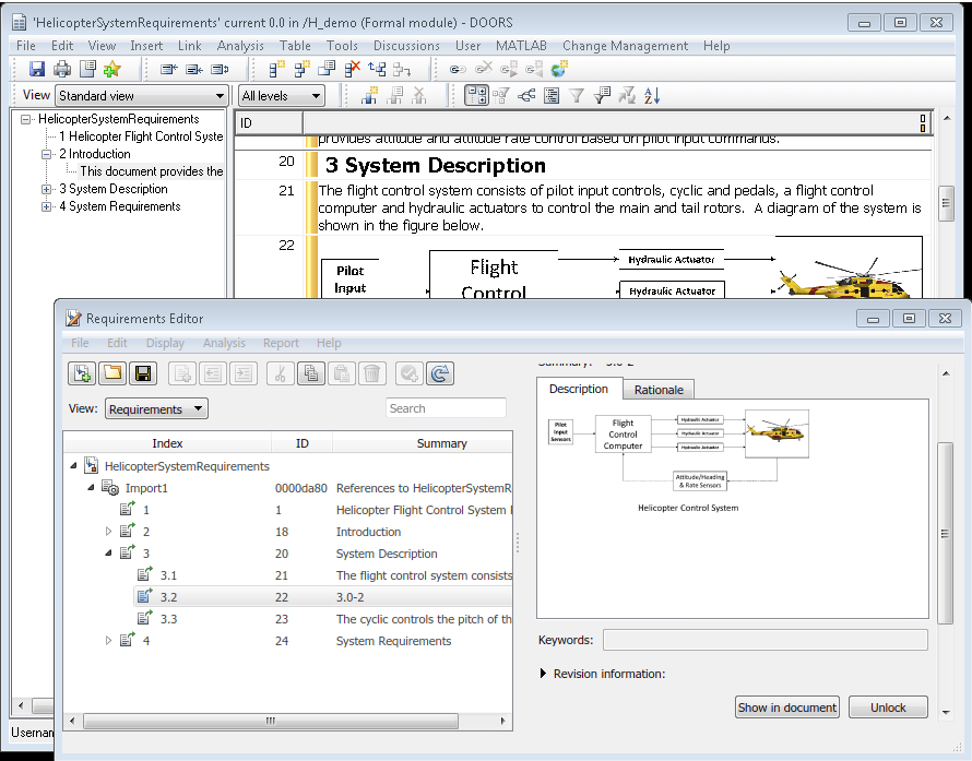 A requirement module is shown in DOORS. An imported requirement set of the same requirements is shown in the Requirements Editor.