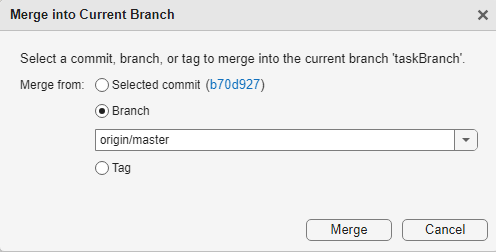 The Merge into Current Branch dialog box. The Merge from option is set to Branch.
