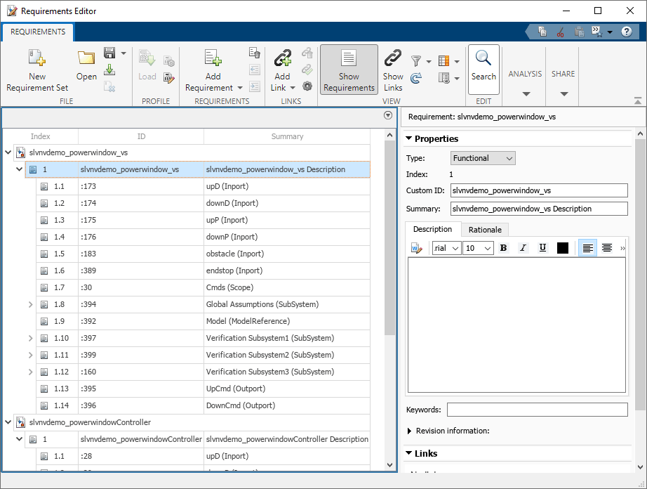 Requirements Editor showing the created requirements.