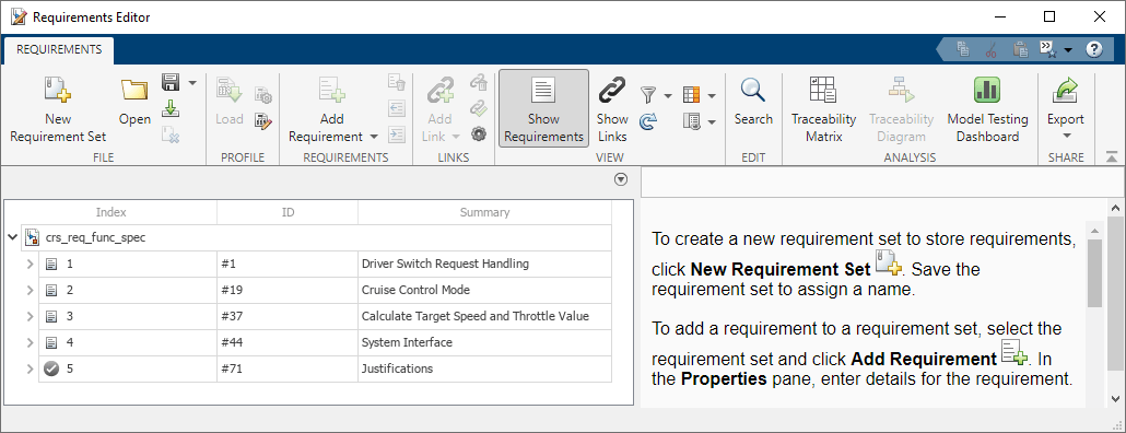 The Requirements Editor shows the crs_req_func_spec requirement set. Its four top-level requirements and top-level justification are collapsed.